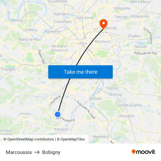 Marcoussis to Bobigny map