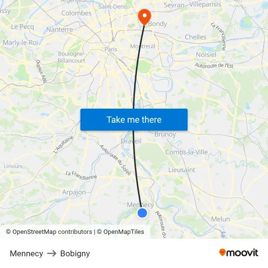 Mennecy to Bobigny map