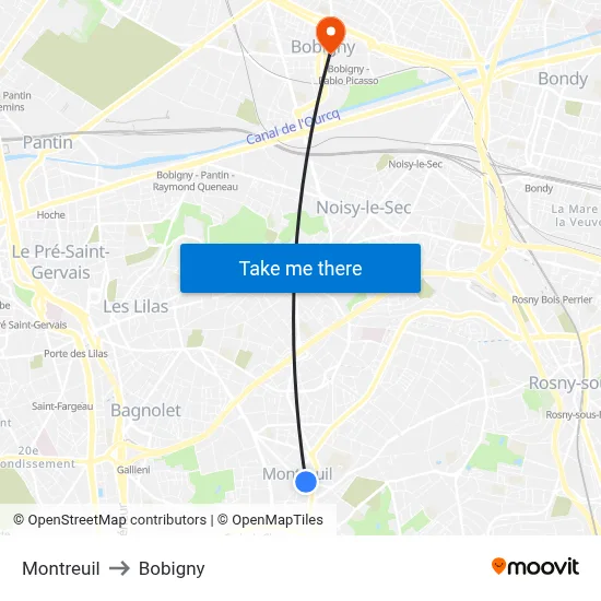 Montreuil to Bobigny map