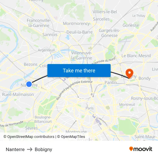 Nanterre to Bobigny map