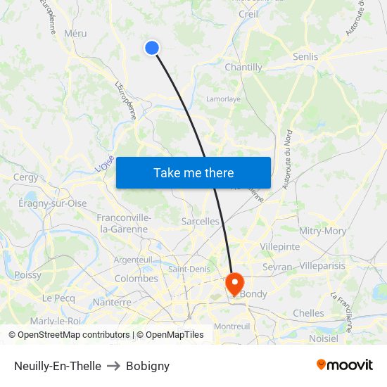 Neuilly-En-Thelle to Bobigny map
