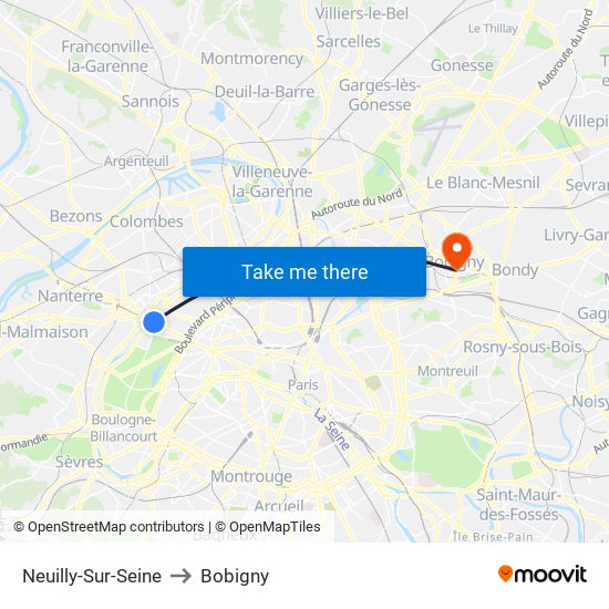 Neuilly-Sur-Seine to Bobigny map