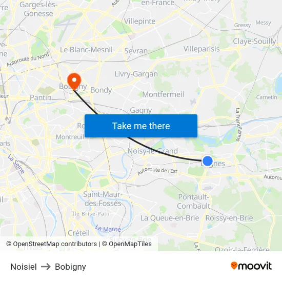 Noisiel to Bobigny map