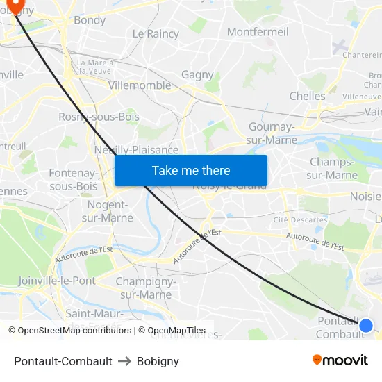 Pontault-Combault to Bobigny map