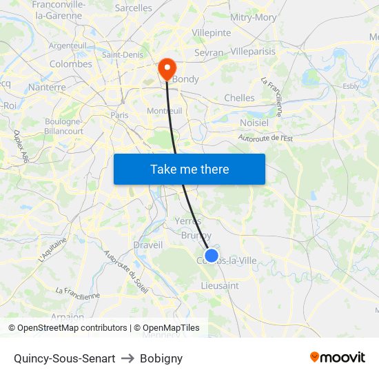 Quincy-Sous-Senart to Bobigny map