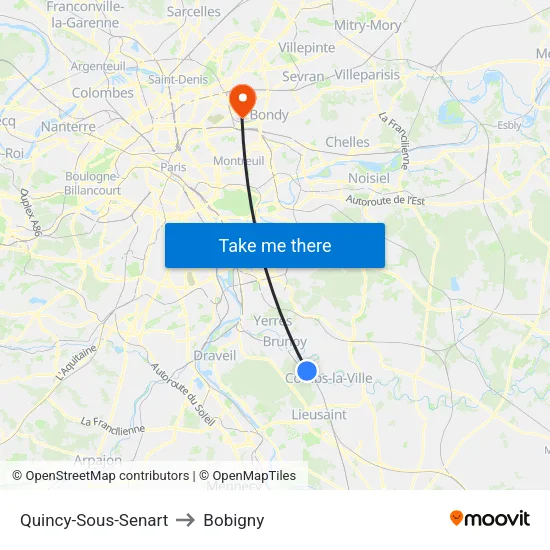 Quincy-Sous-Senart to Bobigny map