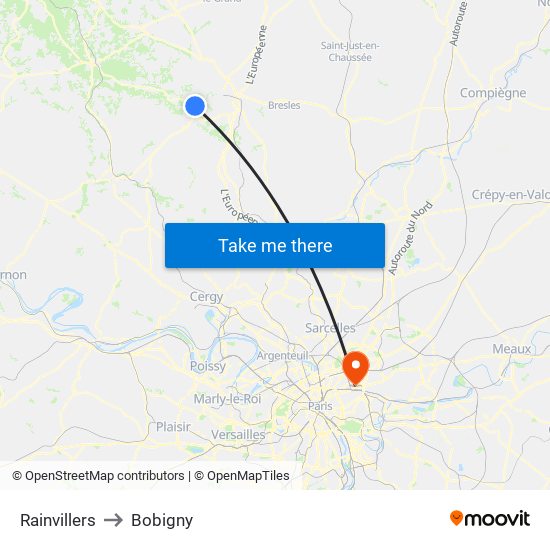 Rainvillers to Bobigny map