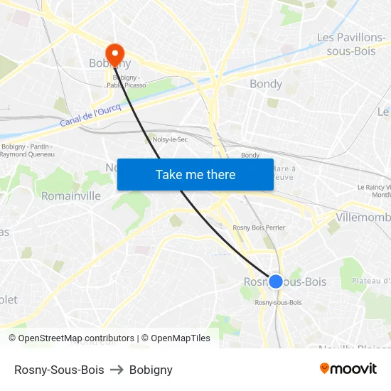 Rosny-Sous-Bois to Bobigny map