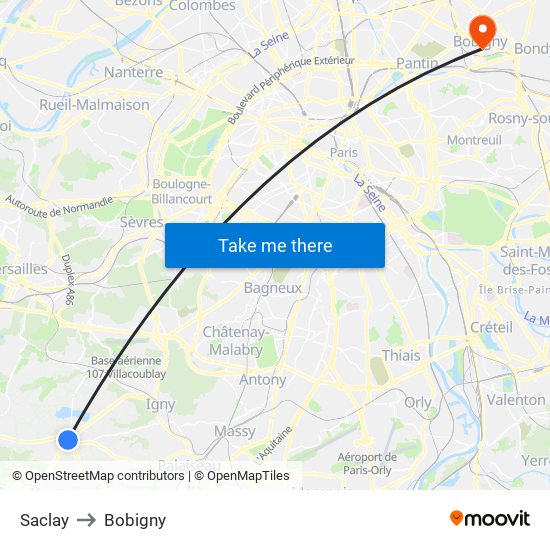 Saclay to Bobigny map