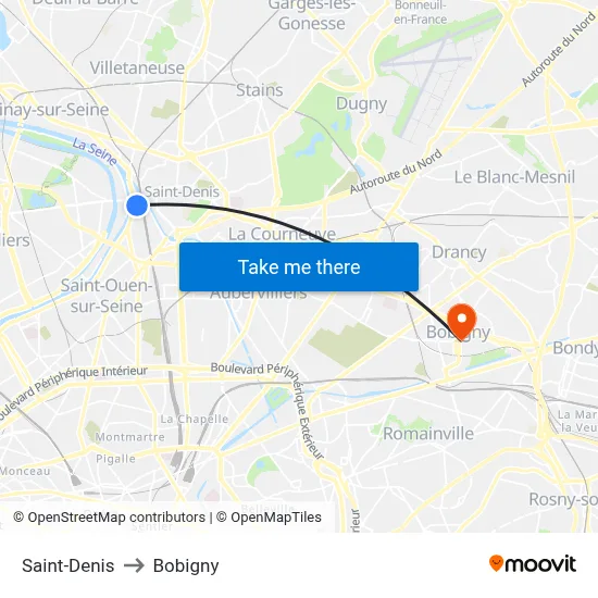 Saint-Denis to Bobigny map