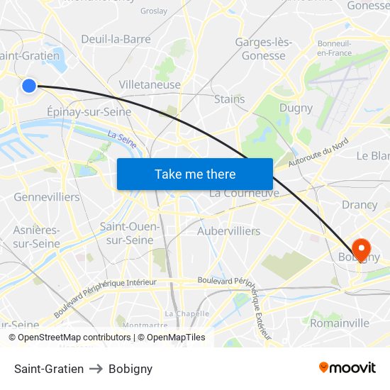 Saint-Gratien to Bobigny map
