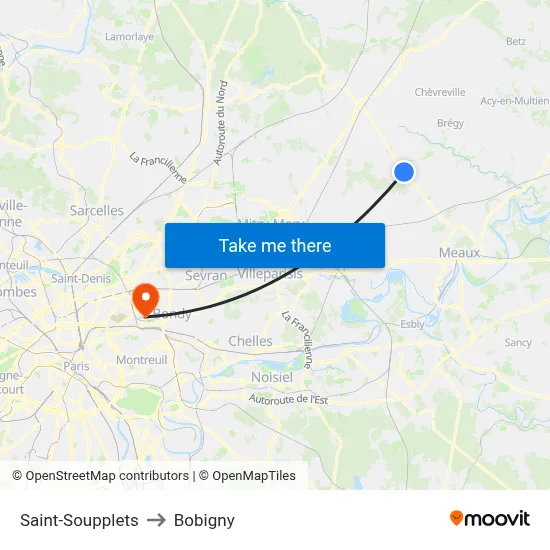 Saint-Soupplets to Bobigny map