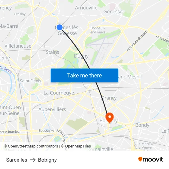 Sarcelles to Bobigny map