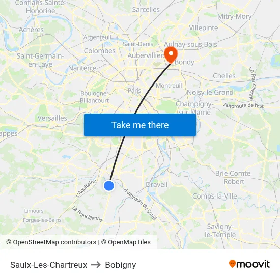 Saulx-Les-Chartreux to Bobigny map