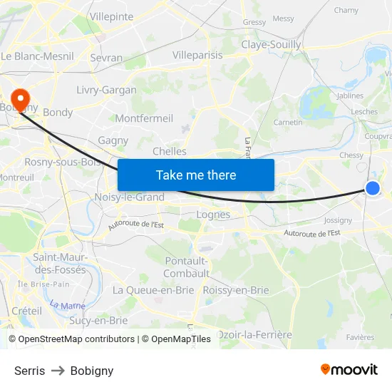 Serris to Bobigny map