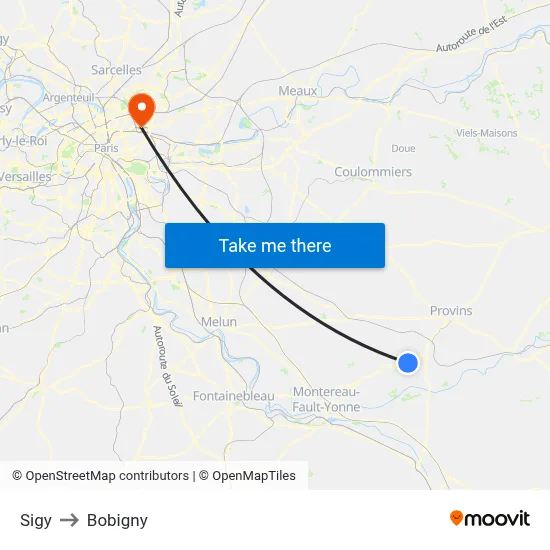 Sigy to Bobigny map