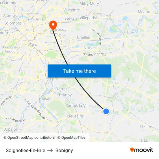 Soignolles-En-Brie to Bobigny map