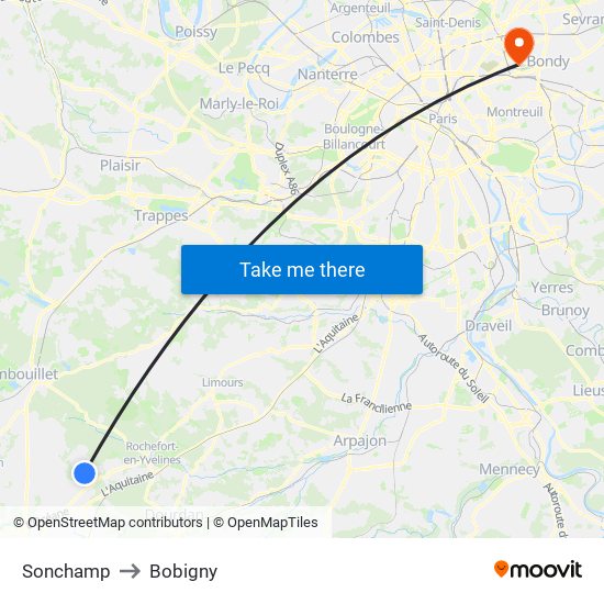 Sonchamp to Bobigny map