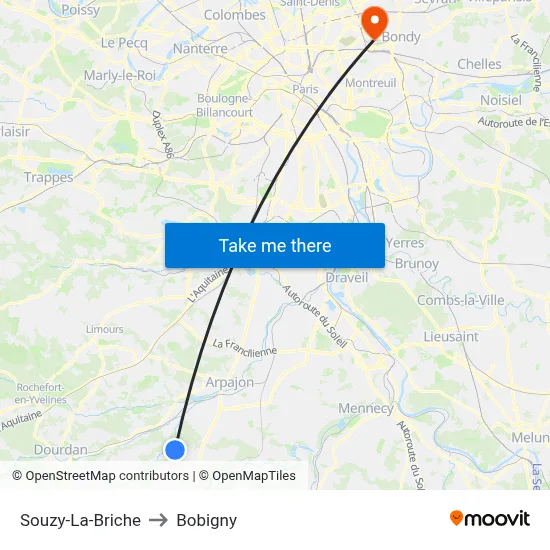 Souzy-La-Briche to Bobigny map