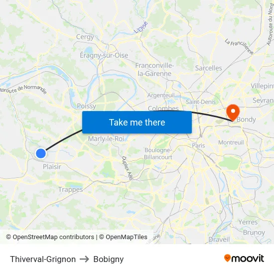 Thiverval-Grignon to Bobigny map