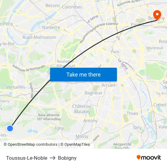 Toussus-Le-Noble to Bobigny map