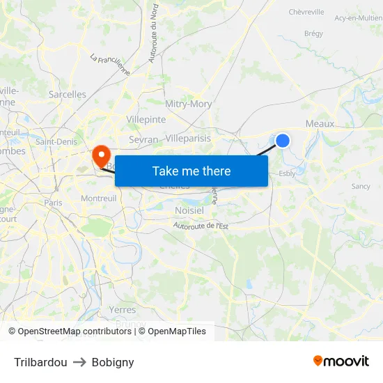 Trilbardou to Bobigny map