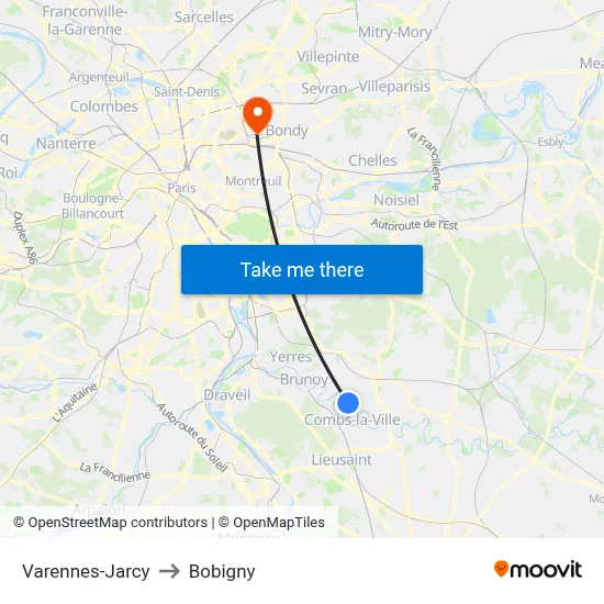 Varennes-Jarcy to Bobigny map