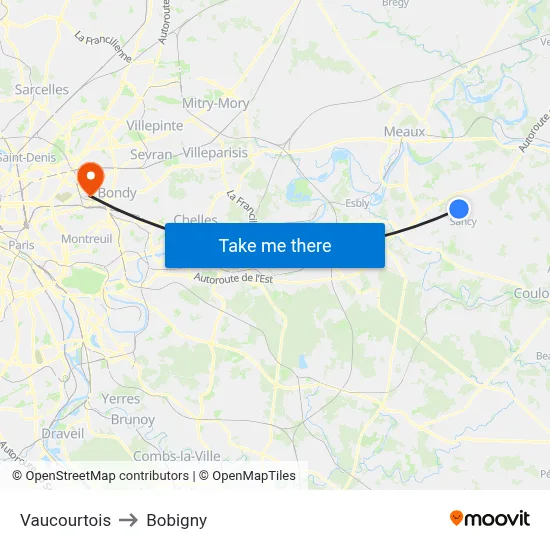 Vaucourtois to Bobigny map