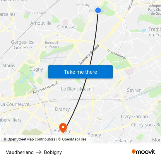 Vaudherland to Bobigny map