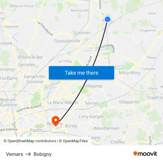 Vemars to Bobigny map