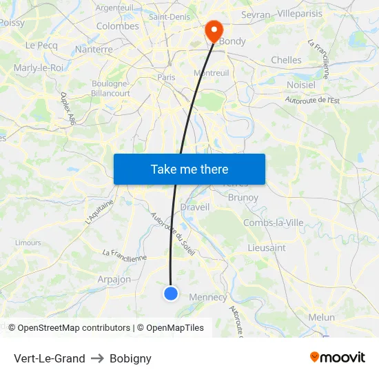 Vert-Le-Grand to Bobigny map