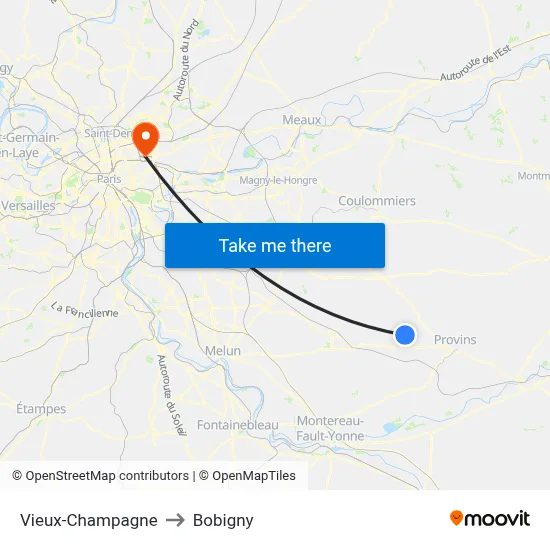 Vieux-Champagne to Bobigny map
