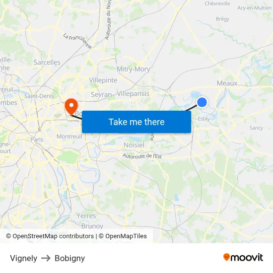 Vignely to Bobigny map
