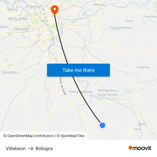 Villebeon to Bobigny map