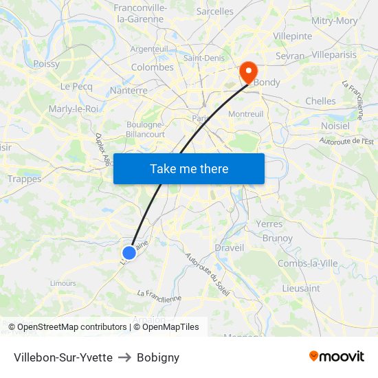 Villebon-Sur-Yvette to Bobigny map