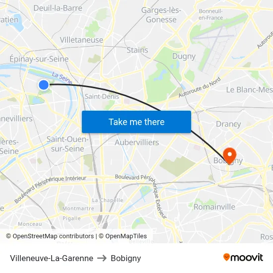 Villeneuve-La-Garenne to Bobigny map