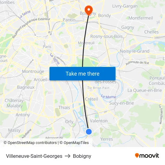 Villeneuve-Saint-Georges to Bobigny map