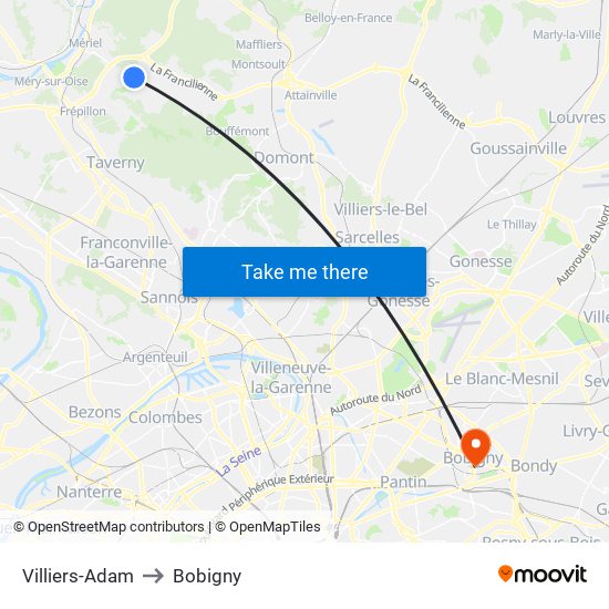 Villiers-Adam to Bobigny map