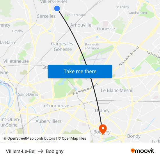 Villiers-Le-Bel to Bobigny map