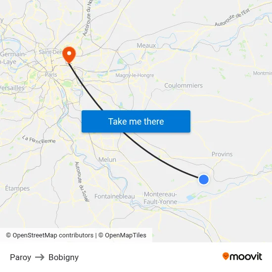 Paroy to Bobigny map