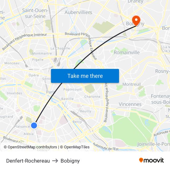 Denfert-Rochereau to Bobigny map