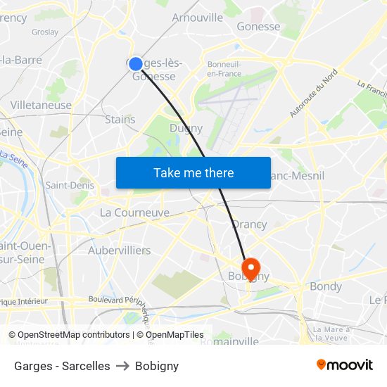 Garges - Sarcelles to Bobigny map