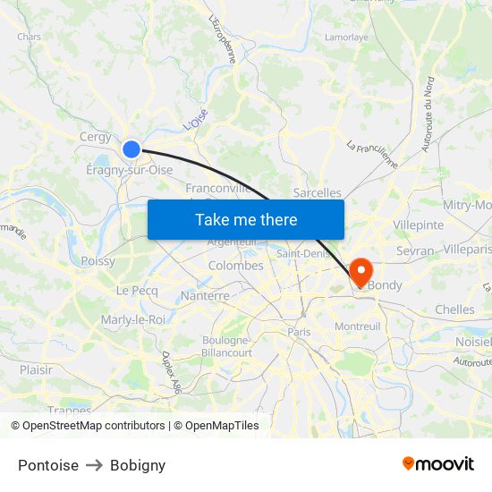 Pontoise to Bobigny map