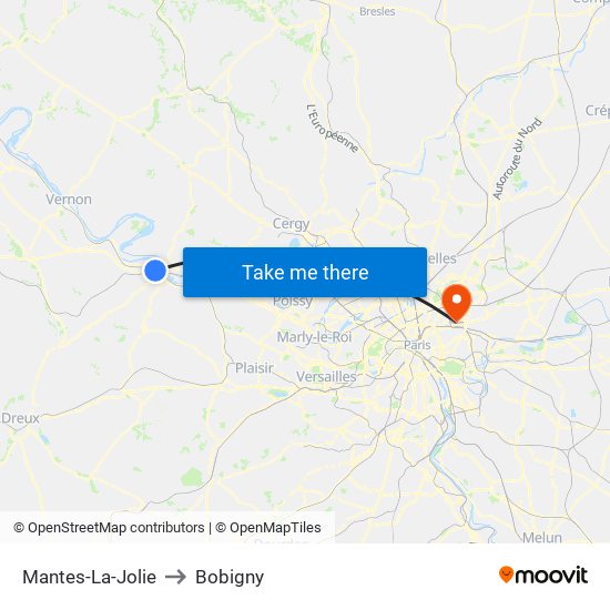 Mantes-La-Jolie to Bobigny map