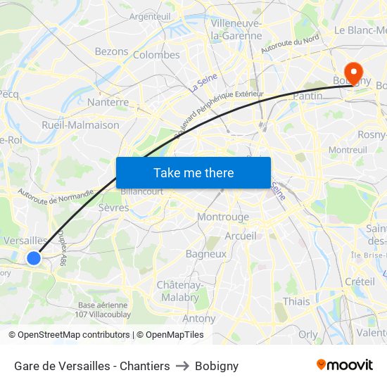 Gare de Versailles - Chantiers to Bobigny map