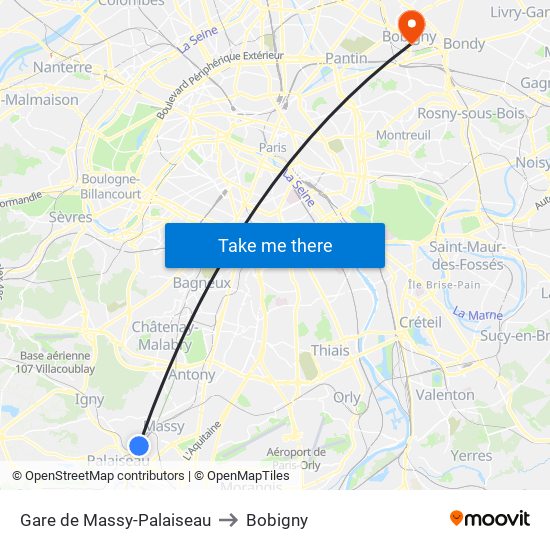 Gare de Massy-Palaiseau to Bobigny map