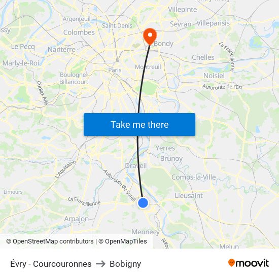 Évry - Courcouronnes to Bobigny map