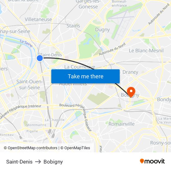 Saint-Denis to Bobigny map