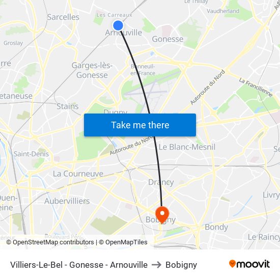 Villiers-Le-Bel - Gonesse - Arnouville to Bobigny map
