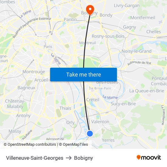 Villeneuve-Saint-Georges to Bobigny map